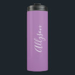 Personalize Name White Script Vertical, Lavender Thermal Tumbler<br><div class="desc">Personalize your Name vertically In white Script Text on Lavender background. Click “Customize” to change colours and type styles.</div>