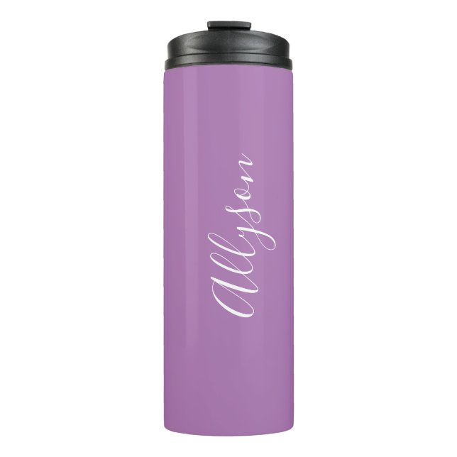 Personalize Name White Script Vertical, Lavender Thermal Tumbler (Front)