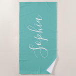 Personalize Name White Script Vertical, Light Teal Beach Towel<br><div class="desc">Personalize your Name vertically In white Script Text on Light Teal background. Click “Edit Using Design Tool” to change colours and type styles.</div>