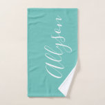 Personalize Name White Script Vertical, Light Teal Hand Towel<br><div class="desc">Personalize your Name vertically In white Script Text on Light Teal background. Click “Edit Using Design Tool” to change colours and type styles.</div>