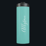 Personalize Name, White Script Vertical, Lt. Teal Thermal Tumbler<br><div class="desc">Personalize your Name vertically In white Script Text on light teal background. Click “Customize” to change colours and type styles.</div>