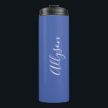 Personalize Name White Script Vertical, Med Blue Thermal Tumbler<br><div class="desc">Personalize your Name vertically In white Script Text on medium blue background. Click “Customize” to change colours and type styles.</div>