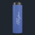 Personalize Name White Script Vertical, Med. Blue Thermal Tumbler<br><div class="desc">Personalize your Name vertically In white Script Text on Medium Blue background. Click “Edit Using Design Tool” to change colours and type styles.</div>