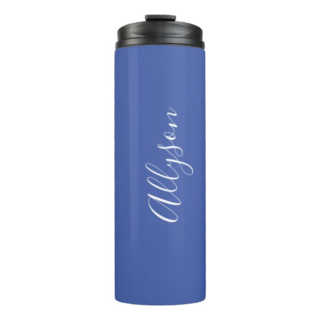 Personalize Name White Script Vertical, Med. Blue Thermal Tumbler (Front)