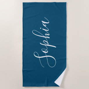 Personalize Name White Script Vertical, Ocean Blue Beach Towel