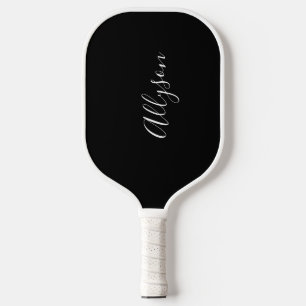 Personalize Name, White Script, Vertical on Black Pickleball Paddle