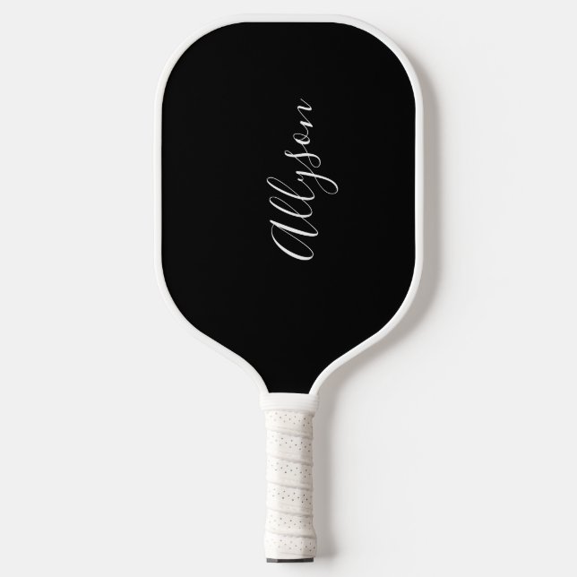 Personalize Name, White Script, Vertical on Black Pickleball Paddle (Front)