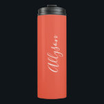 Personalize Name White Script Vertical, Orange Red Thermal Tumbler<br><div class="desc">Personalize your Name vertically In white Script Text on Orange Red background. Click “Customize” to change colours and type styles.</div>
