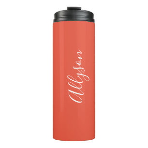 Personalize Name White Script Vertical, Orange Red Thermal Tumbler