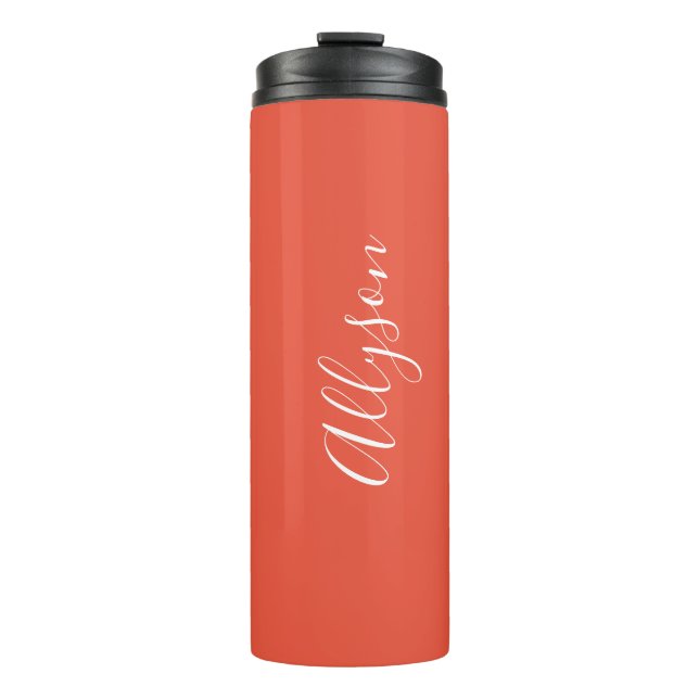 Personalize Name White Script Vertical, Orange Red Thermal Tumbler (Front)