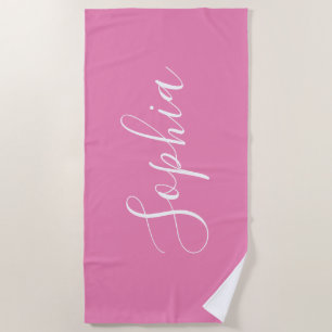 Personalize Name White Script Vertical, Pink Beach Towel