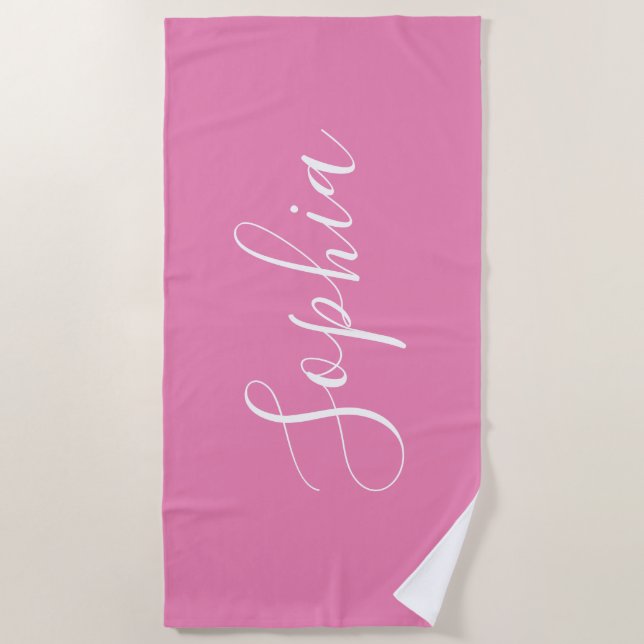 Personalize Name White Script Vertical, Pink Beach Towel (Front)