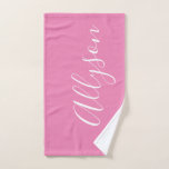 Personalize Name White Script Vertical, Pink Hand Towel<br><div class="desc">Personalize your Name vertically In white Script Text on Pink background. Click “Edit Using Design Tool” to change colours and type styles.</div>