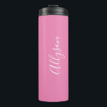 Personalize Name White Script Vertical, Pink Thermal Tumbler<br><div class="desc">Personalize your Name vertically In white Script Text on Pink background. Click “Customize” to change colours and type styles.</div>
