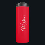 Personalize Name White Script Vertical, Red Thermal Tumbler<br><div class="desc">Personalize your Name vertically In white Script Text on Red background. Click “Edit Using Design Tool” to change colours and type styles.</div>