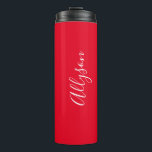 Personalize Name White Script Vertical, Red Thermal Tumbler<br><div class="desc">Personalize your Name vertically In white Script Text on Red background. Click “Edit Using Design Tool” to change colours and type styles.</div>