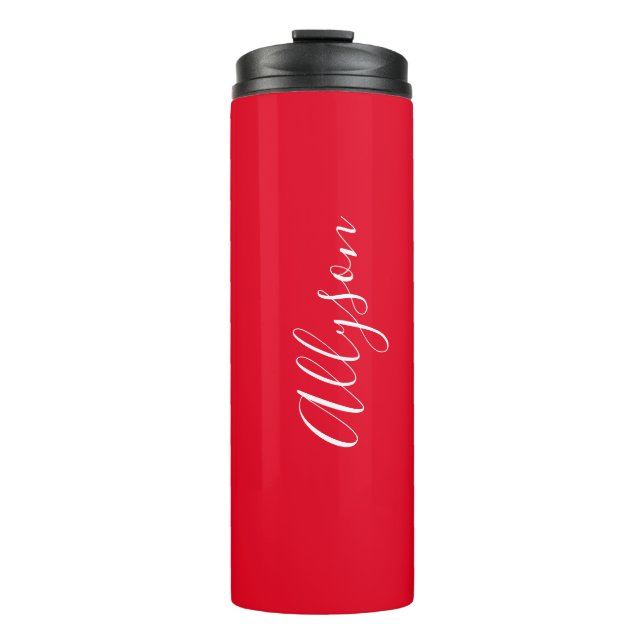 Personalize Name White Script Vertical, Red Thermal Tumbler (Front)