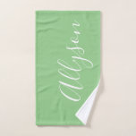 Personalize Name White Script Vertical, Sage Hand Towel<br><div class="desc">Personalize your Name vertically In white Script Text on sage background. Click “Edit Using Design Tool” to change colours and type styles.</div>