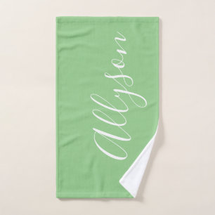 Personalize Name White Script Vertical, Sage Hand Towel