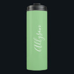 Personalize Name White Script Vertical, Sage Thermal Tumbler<br><div class="desc">Personalize your Name vertically In white Script Text on sage background. Click “Customize” to change colours and type styles.</div>