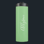 Personalize Name White Script Vertical, Sage Thermal Tumbler<br><div class="desc">Personalize your Name vertically In white Script Text on sage background. Click “Customize” to change colours and type styles.</div>