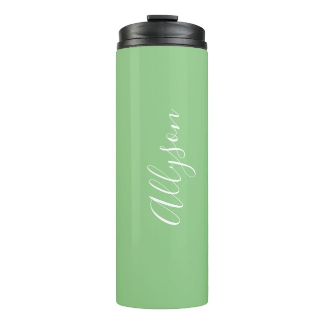 Personalize Name White Script Vertical, Sage Thermal Tumbler (Front)