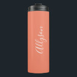 Personalize Name White Script Vertical, Salmon Thermal Tumbler<br><div class="desc">Personalize your Name vertically In white Script Text on Salmon background. Click “Customize” to change colours and type styles.</div>