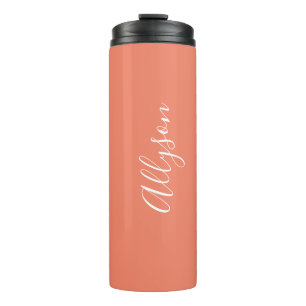 Personalize Name White Script Vertical, Salmon Thermal Tumbler