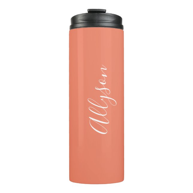 Personalize Name White Script Vertical, Salmon Thermal Tumbler (Front)