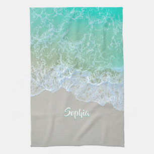 Personalize Name, White & Teal, Gentle Beach Waves Kitchen Towel
