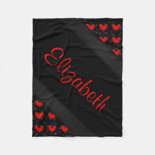 Personalize Name Womens Beautiful Red Black Heart Fleece Blanket