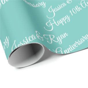 Personalize Names, Happy Anniversary, Light Teal Wrapping Paper