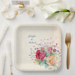 Personalize Names & Text Wedding Spray of Roses Paper Plate