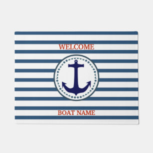 Personalize Nautical Blue Welcome Boat Name Stripe Doormat