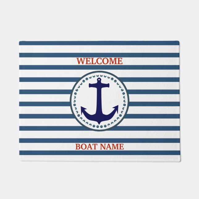 Personalize Nautical Blue Welcome Boat Name Stripe Doormat (Front)