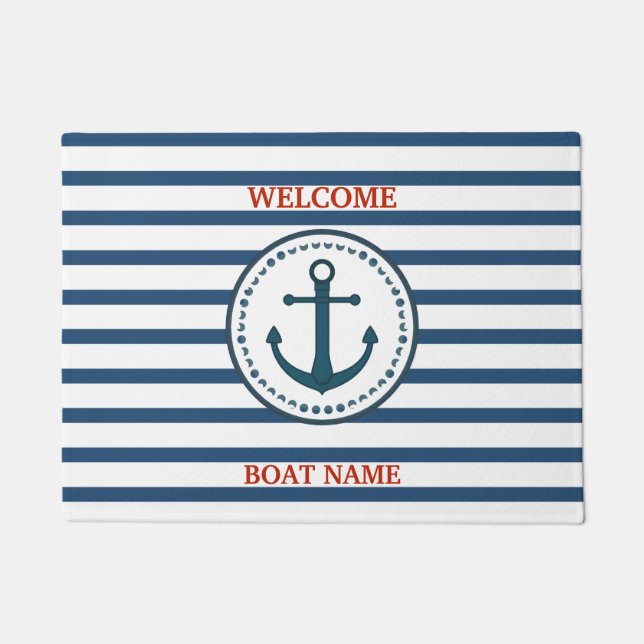 Personalize Nautical Blue Welcome Boat Name Stripe Doormat (Front)