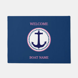 Personalize Nautical Blue Welcome Boat Name Stripe Doormat