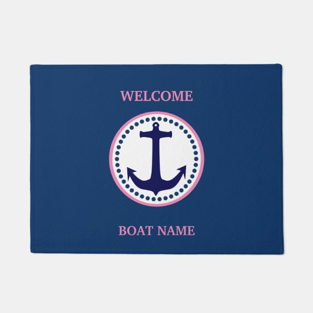 Personalize Nautical Blue Welcome Boat Name Stripe Doormat (Front)
