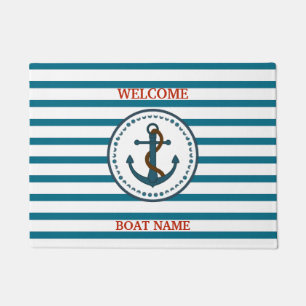 Personalize Nautical Blue Welcome Boat Name Stripe Doormat