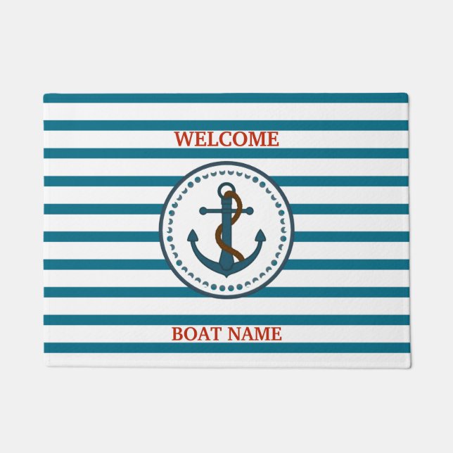Personalize Nautical Blue Welcome Boat Name Stripe Doormat (Front)
