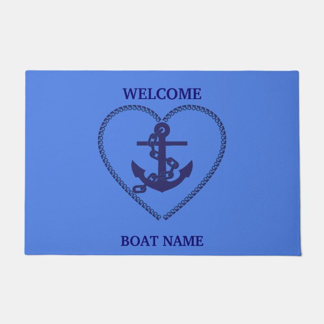 Personalize Nautical Blue Welcome Boat Name Stripe Doormat (Front)