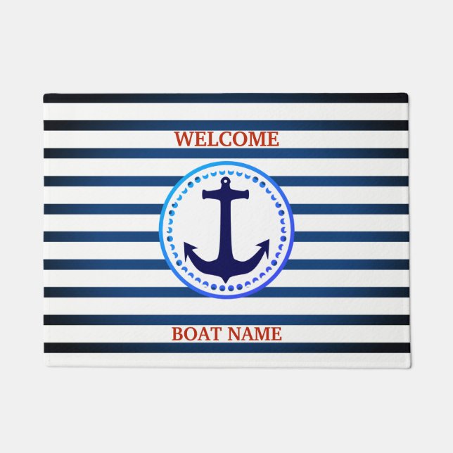Personalize Nautical Blue Welcome Boat Name Stripe Doormat (Front)