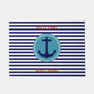 Personalize Nautical Blue Welcome Boat Name Stripe Doormat