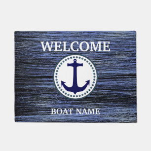 Personalize Nautical Blue Welcome Boat Name Stripe Doormat