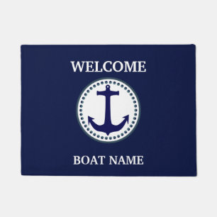 Personalize Nautical Blue Welcome Boat Name Stripe Doormat