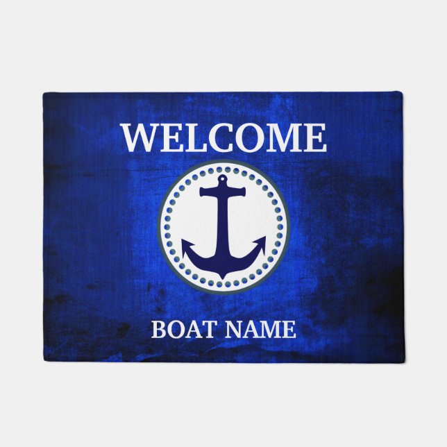 Personalize Nautical Blue Welcome Boat Name Stripe Doormat (Front)