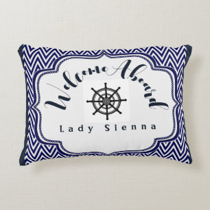 Personalize Navy Blue and White with Ship Wheel Accent Pillow