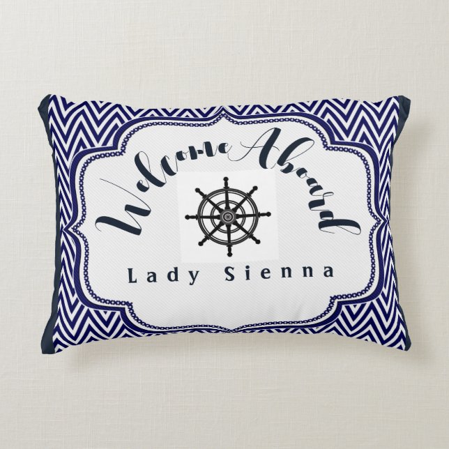 Personalize Navy Blue and White with Ship Wheel   Accent Pillow (Front)