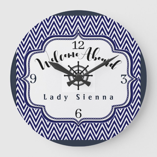 Personalize Navy Blue and White with Ship Wheel    Large Clock (Front)