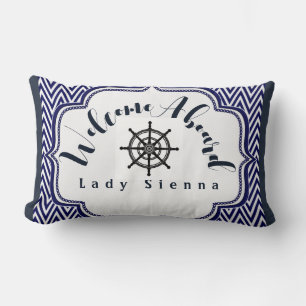 Personalize Navy Blue and White with Ship Wheel Lumbar Pillow
